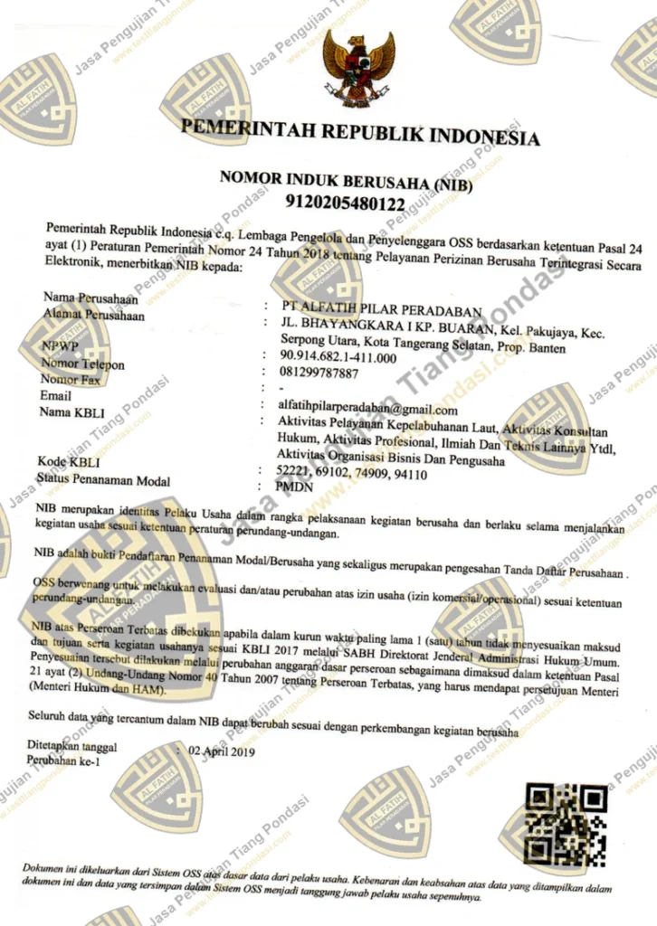 Izin Usaha PT. ALFATIH PILAR PERADABAN
